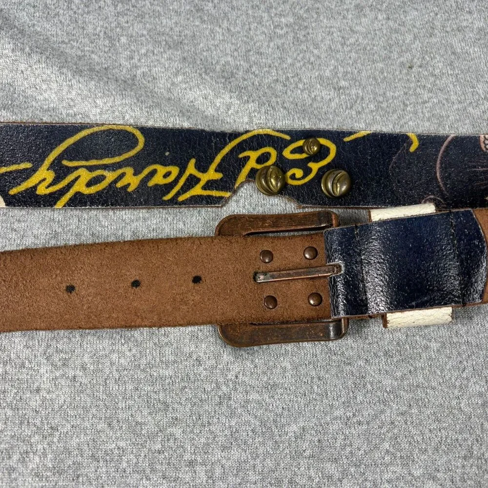 Ed Hardy Black Leather Studded Graphic Belt Skull Tiger Y2K Punk Rock